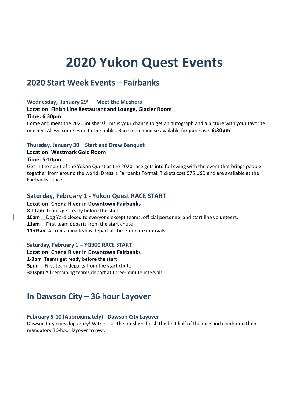 2020 Yukon Quest Events 2020 Start Week Events – Fairbanks