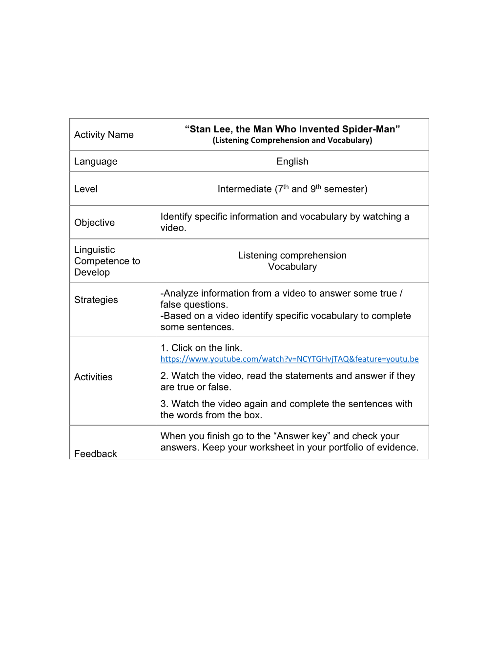 Activity Name “Stan Lee, the Man Who Invented Spider-Man” Language