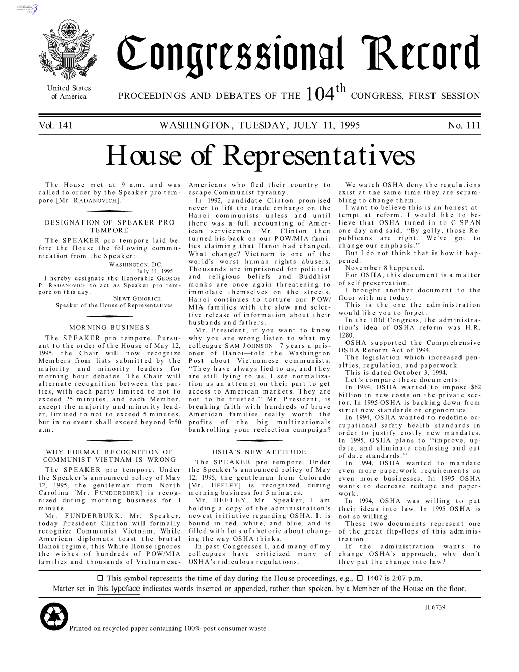 Congressional Record United States Th of America PROCEEDINGS and DEBATES of the 104 CONGRESS, FIRST SESSION