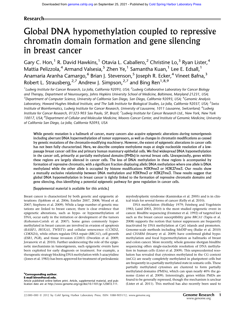 Global DNA Hypomethylation Coupled to Repressive Chromatin Domain Formation and Gene Silencing in Breast Cancer