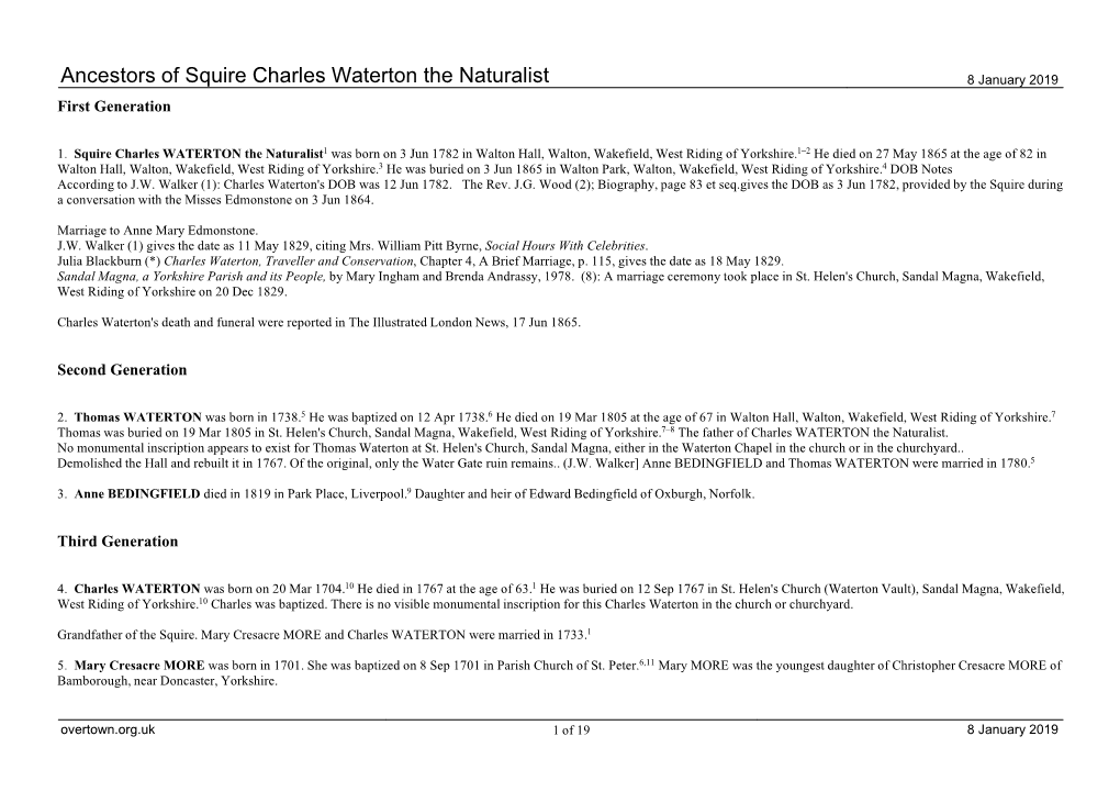 Ancestors of Squire Charles Waterton the Naturalist 8 January 2019 First Generation