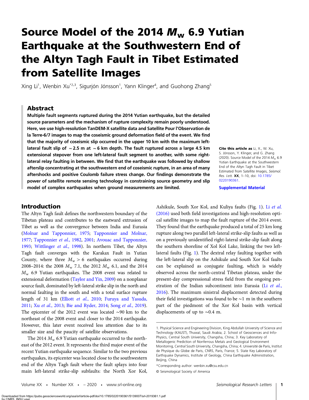 Source Model of the 2014 Mw 6.9 Yutian Earthquake at the Southwestern End of the Altyn Tagh Fault in Tibet Estimated from Satell