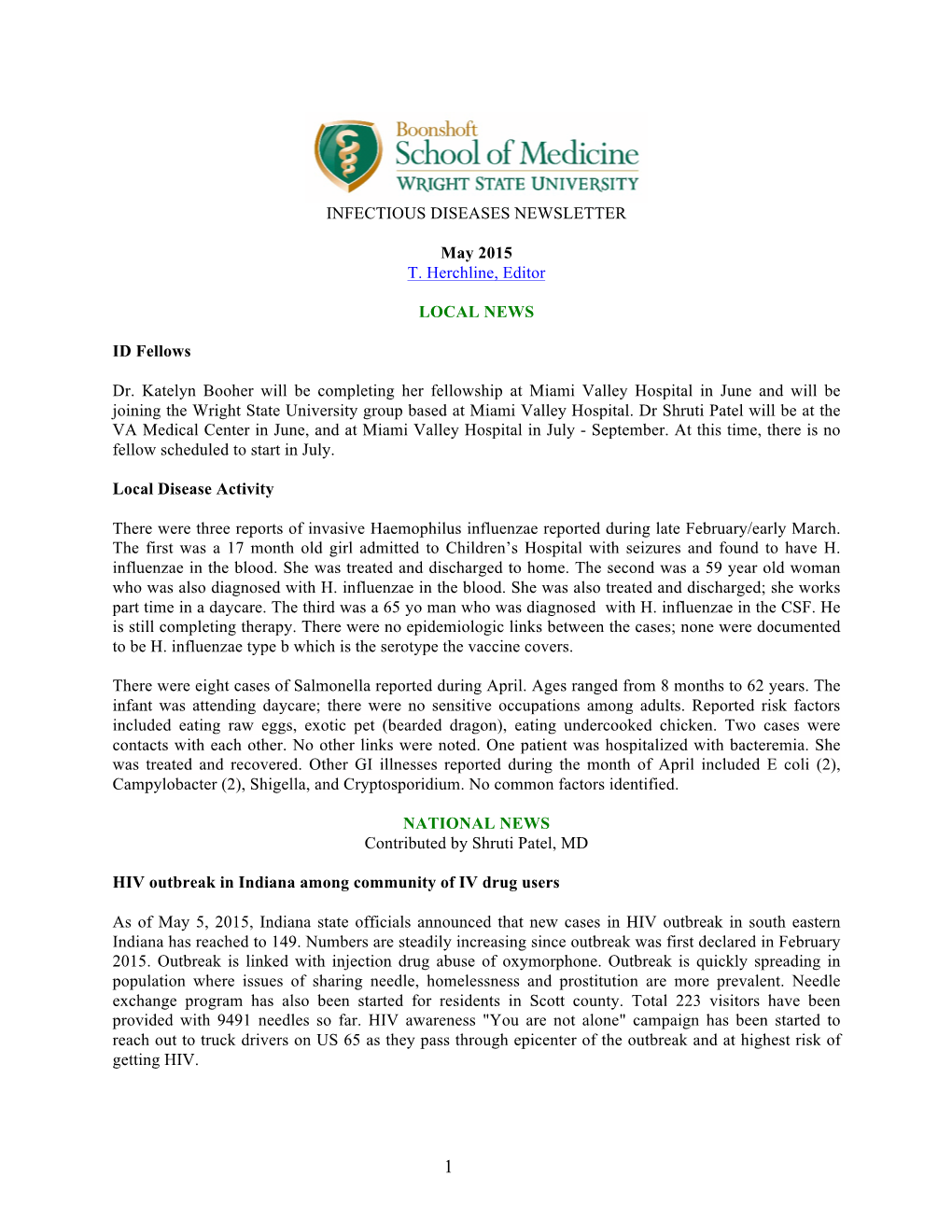 INFECTIOUS DISEASES NEWSLETTER May 2015 T