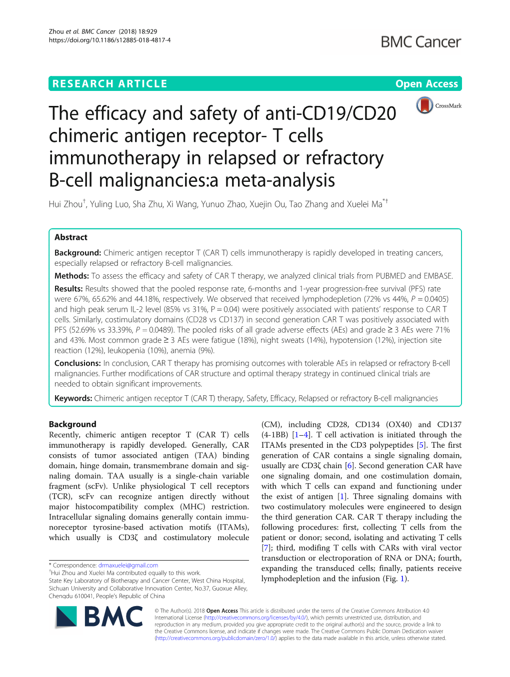 The Efficacy and Safety of Anti-CD19/CD20 Chimeric Antigen Receptor