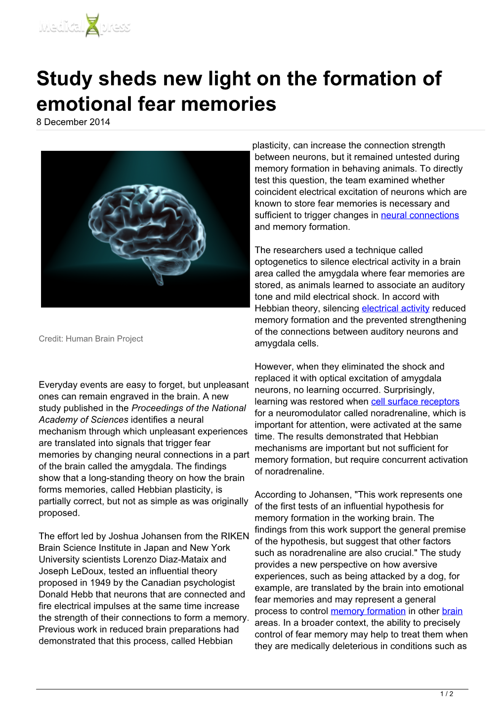 Study Sheds New Light on the Formation of Emotional Fear Memories 8 December 2014