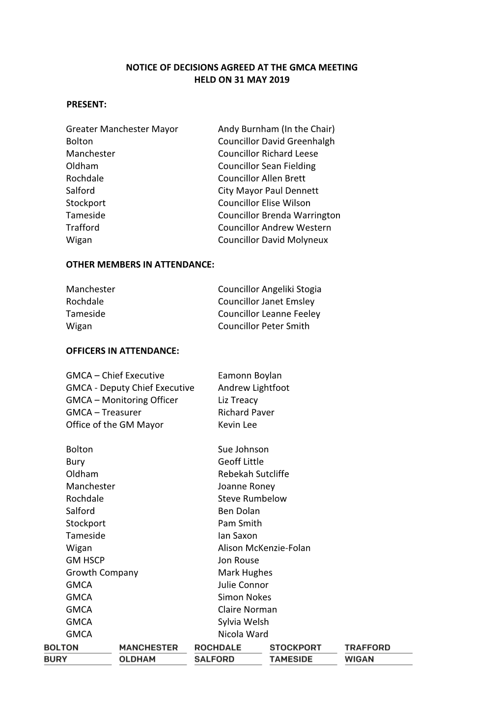 Notice of Decisions Agreed at the Gmca Meeting Held on 31 May 2019