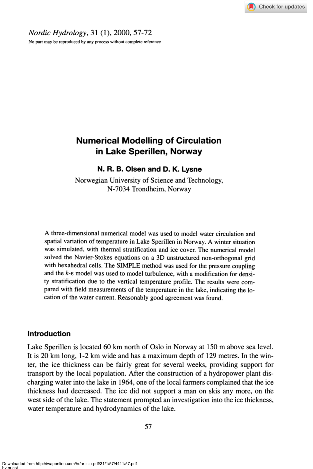 Numerical Modelling of Circulation in Lake Sperillen, Norway
