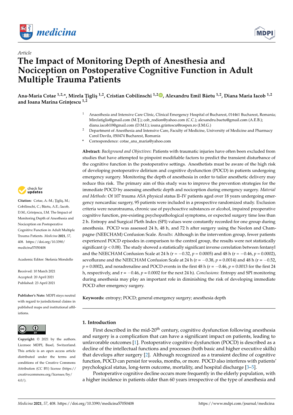 The Impact of Monitoring Depth of Anesthesia and Nociception on Postoperative Cognitive Function in Adult Multiple Trauma Patients