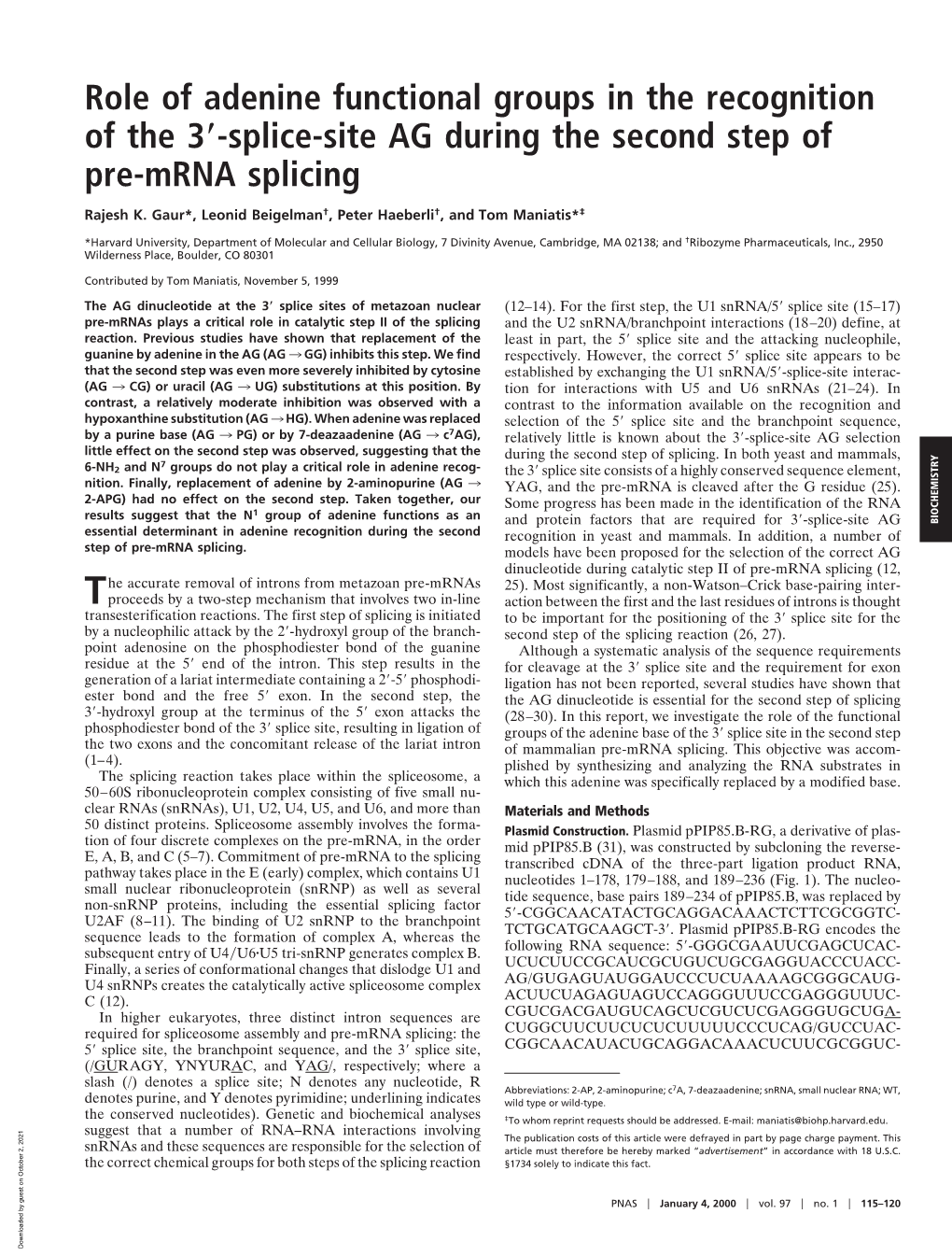 Role of Adenine Functional Groups in the Recognition of the 3؅-Splice-Site AG During the Second Step of Pre-Mrna Splicing