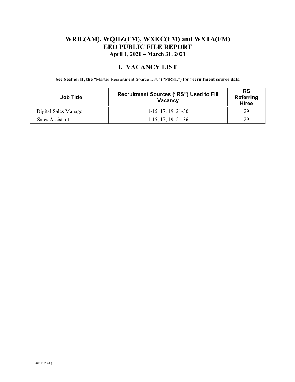 WRIE(AM), WQHZ(FM), WXKC(FM) and WXTA(FM) EEO PUBLIC FILE REPORT April 1, 2020 – March 31, 2021