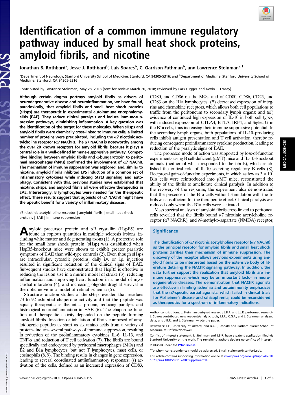 Identification of a Common Immune Regulatory Pathway Induced by Small Heat Shock Proteins, Amyloid Fibrils, and Nicotine