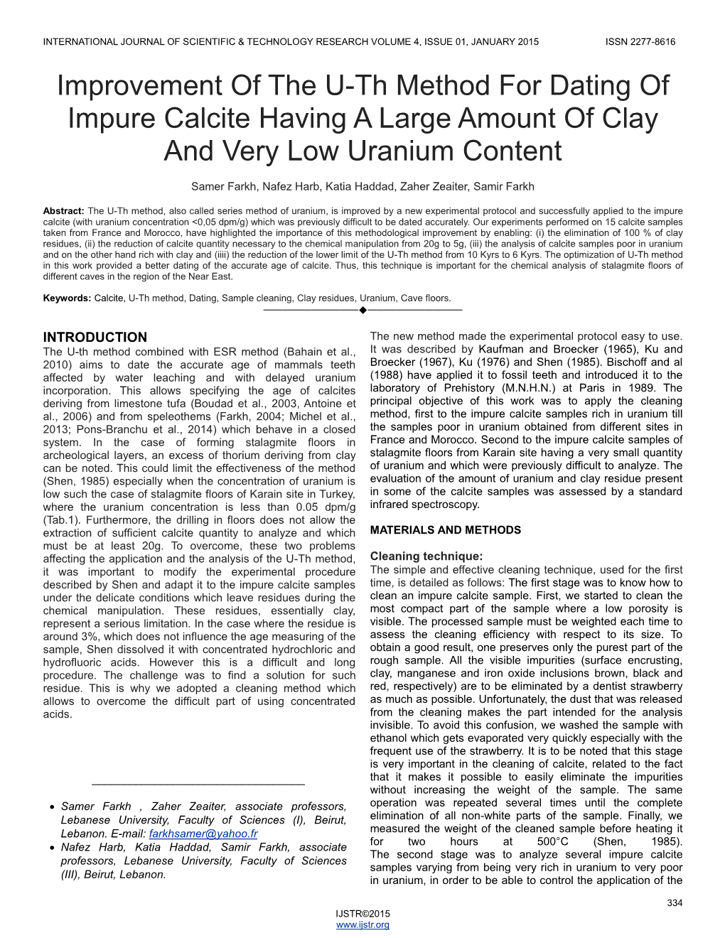 Improvement of the U-Th Method for Dating of Impure Calcite Having a Large Amount of Clay and Very Low Uranium Content