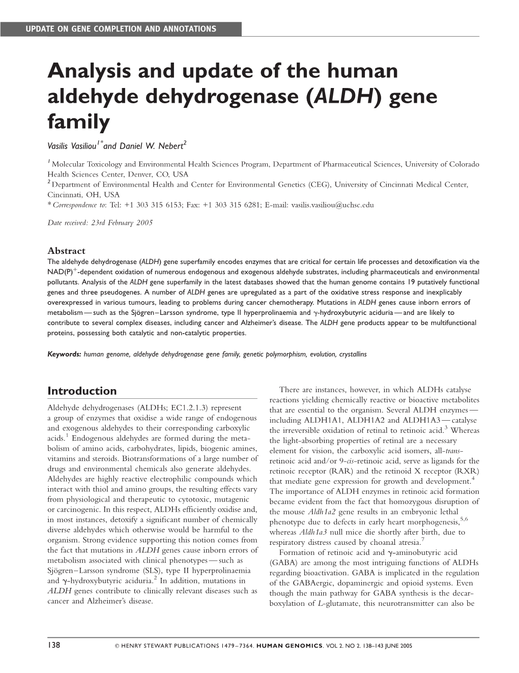 Analysis and Update of the Human Aldehyde Dehydrogenase (ALDH