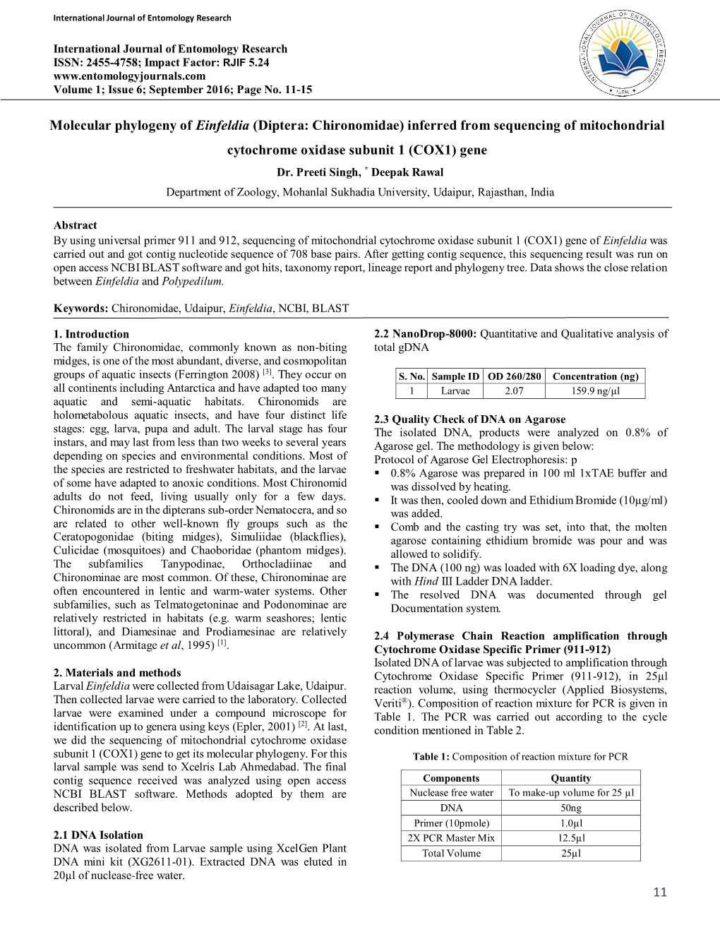 11 Molecular Phylogeny of Einfeldia (Diptera: Chironomidae)