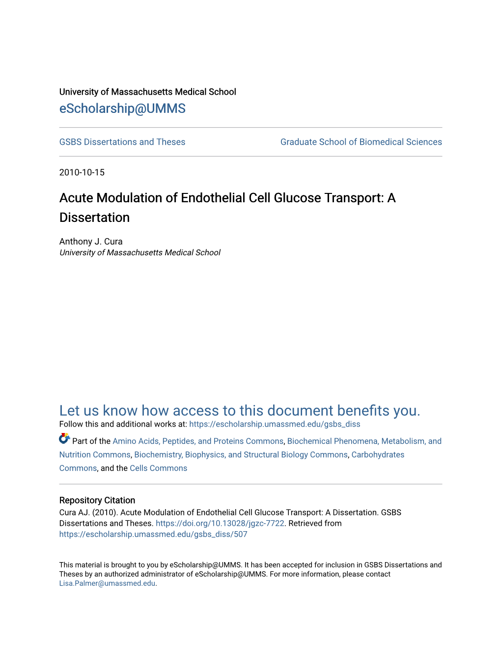 Acute Modulation of Endothelial Cell Glucose Transport: a Dissertation