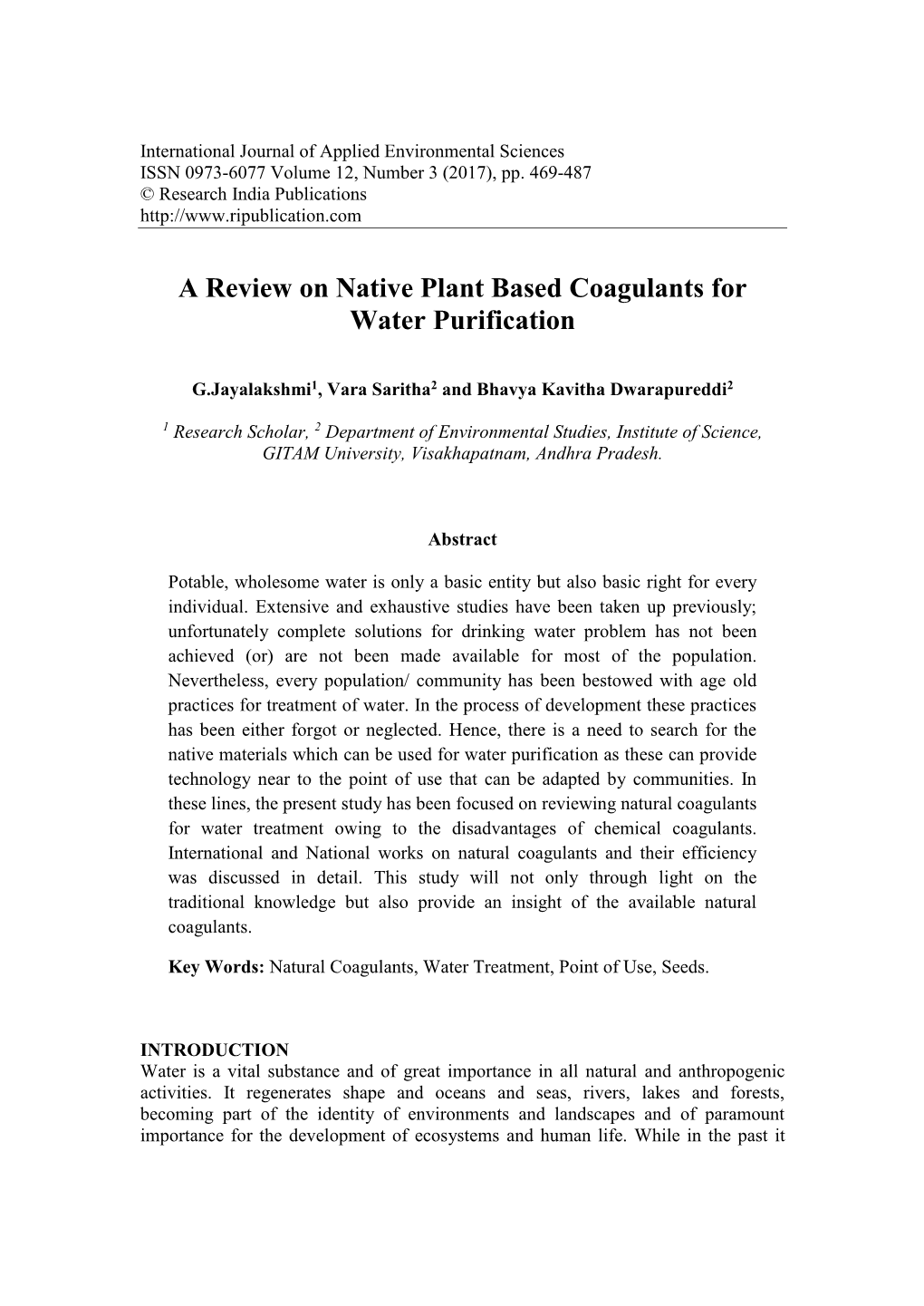 A Review on Native Plant Based Coagulants for Water Purification