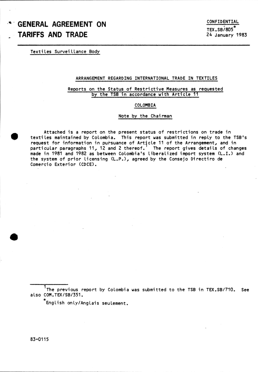 GENERAL AGREEMENT on TEX.SB/805* TARIFFS and TRADE 24 January 1983