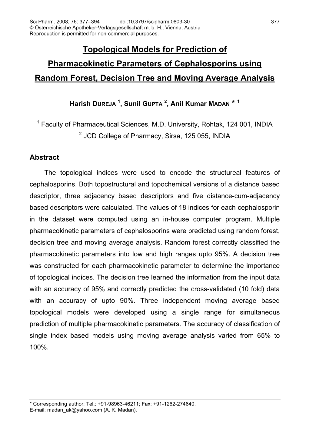 Topological Models for Prediction of Pharmacokinetic Parameters of Cephalosporins Using Random Forest, Decision Tree and Moving Average Analysis
