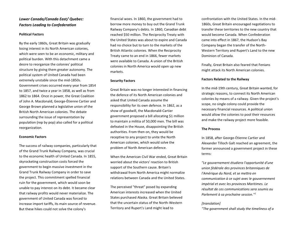 Lower Canada/Canada East/ Quebec: Factors Leading To