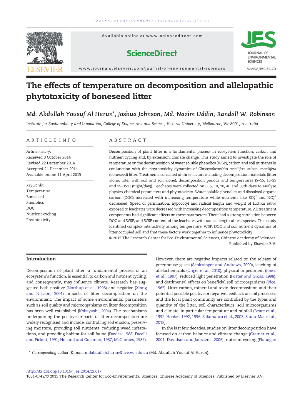 The Effects of Temperature on Decomposition and Allelopathic Phytotoxicity of Boneseed Litter
