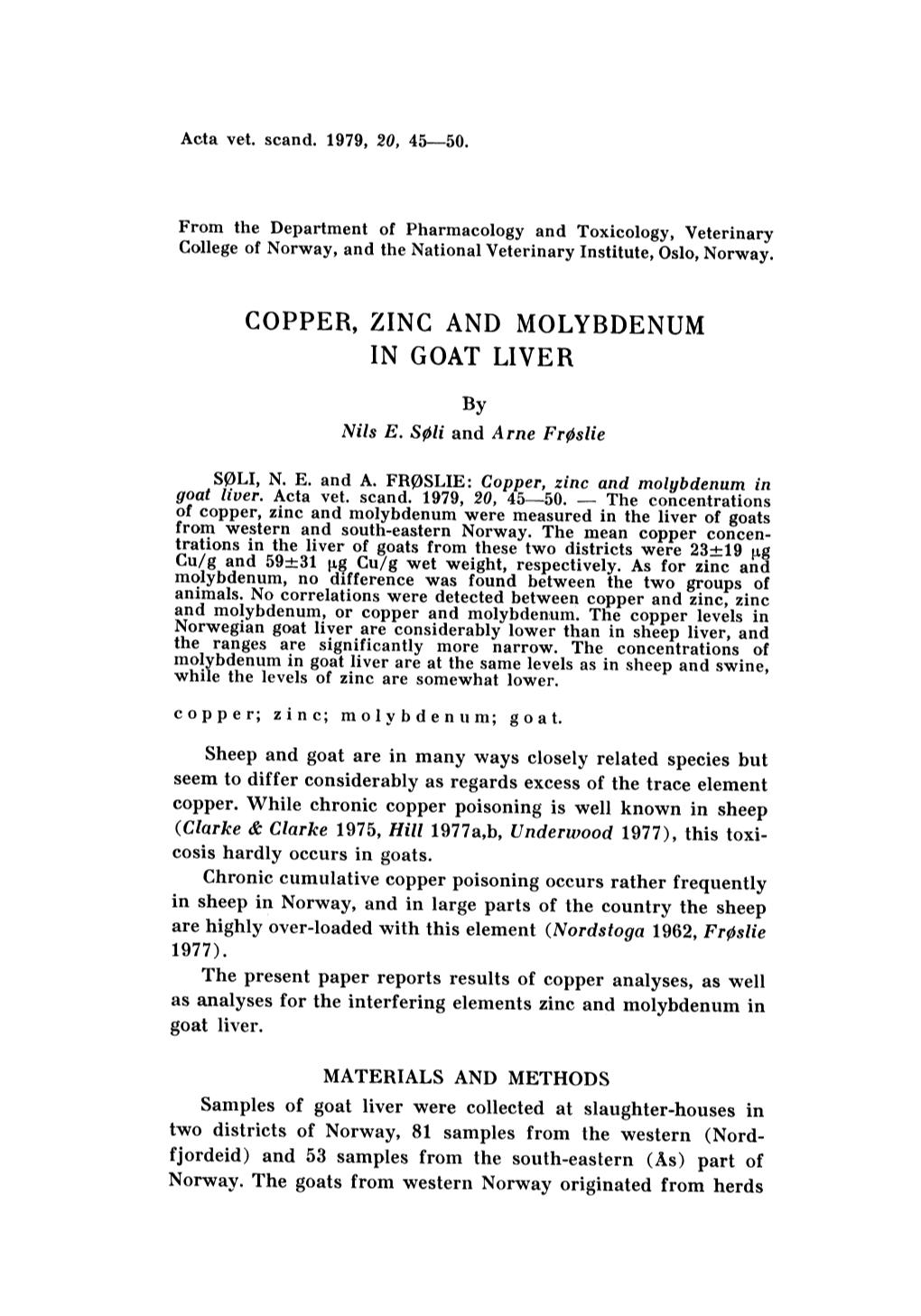 Copper, Zinc and Molybdenum in Goat Liver