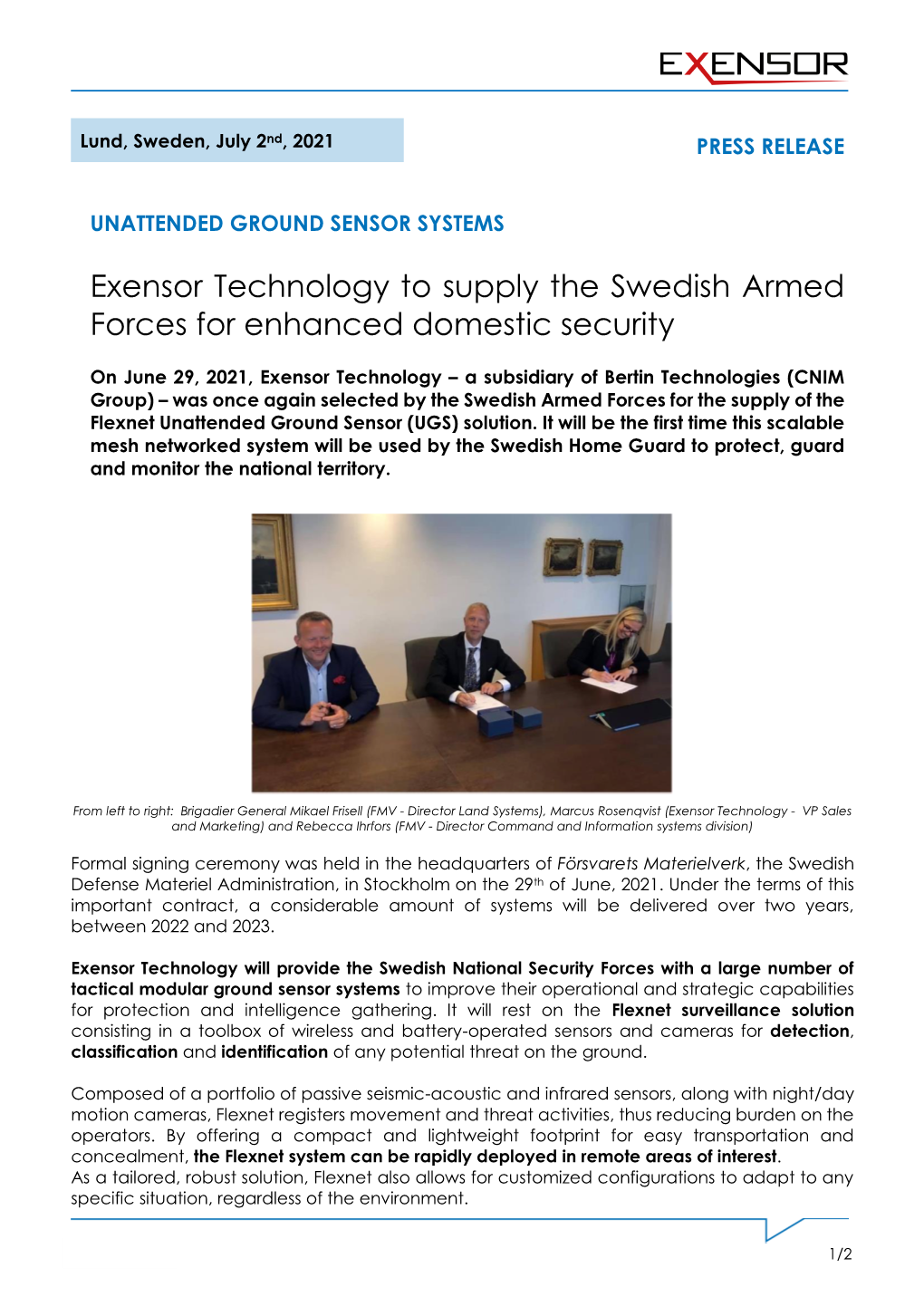 Exensor Technology to Supply the Swedish Armed Forces for Enhanced Domestic Security