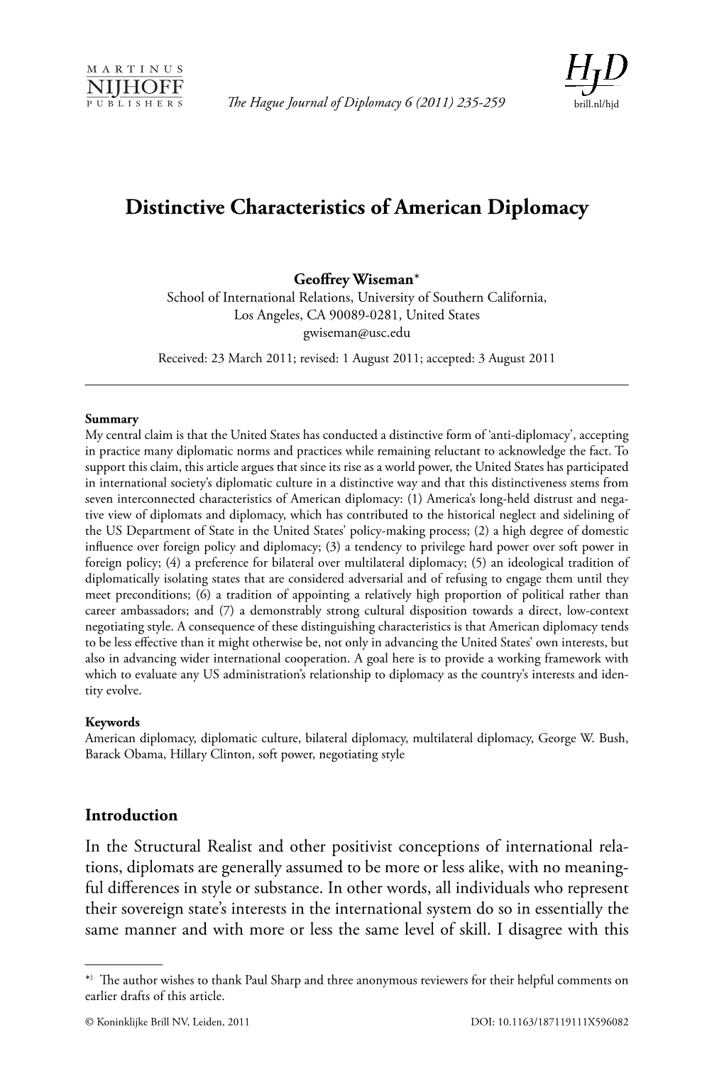 Distinctive Characteristics of American Diplomacy