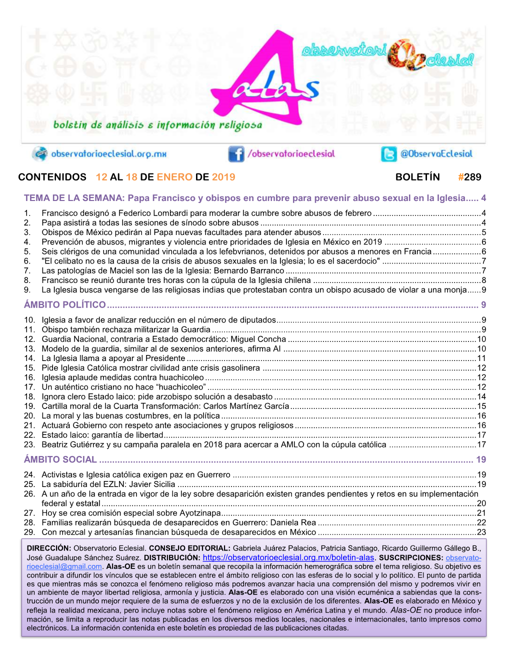 Contenidos 12 Al 18 De Enero De 2019 Boletín #289