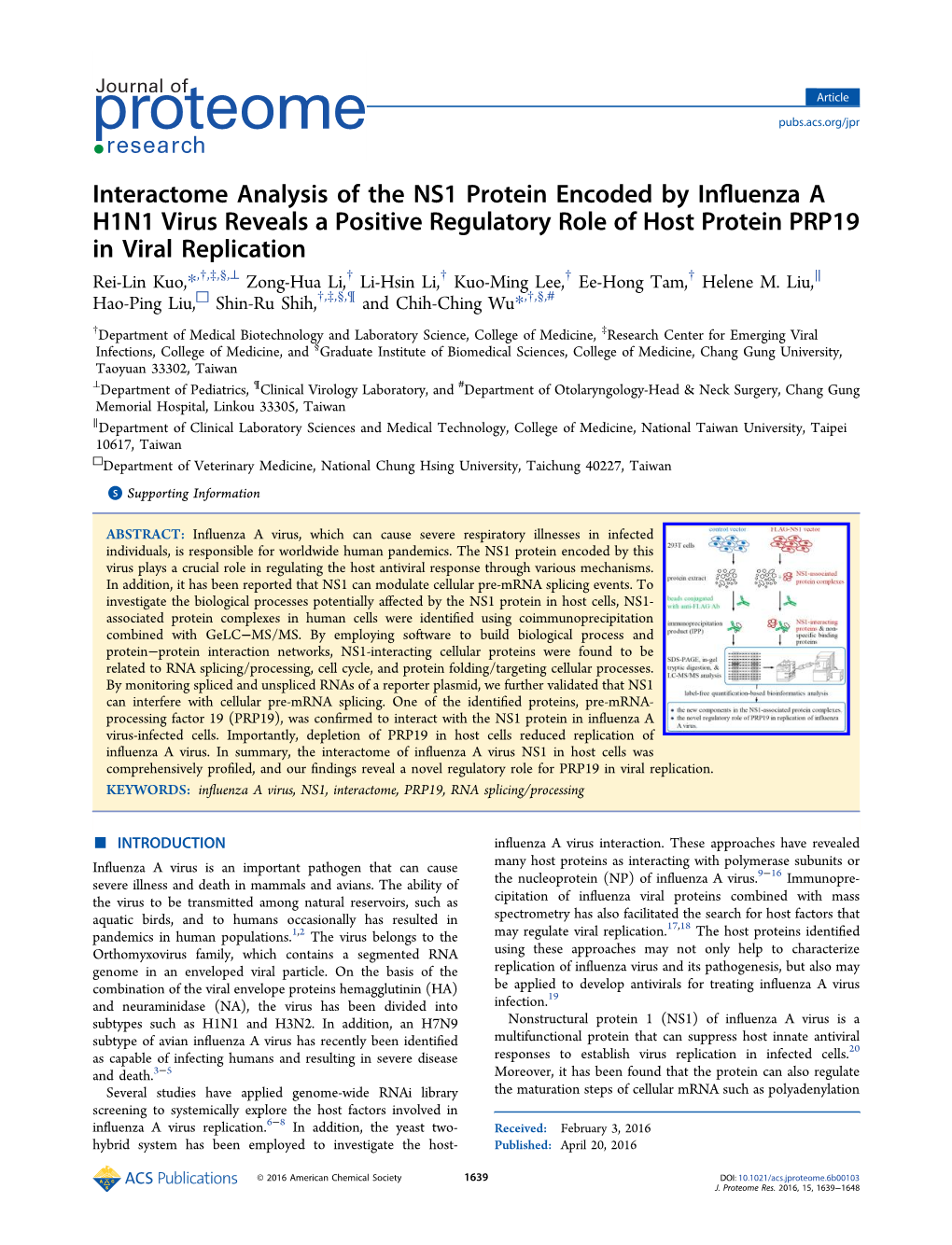 Interactome Analysis of the NS1 Protein Encoded by Influenza A