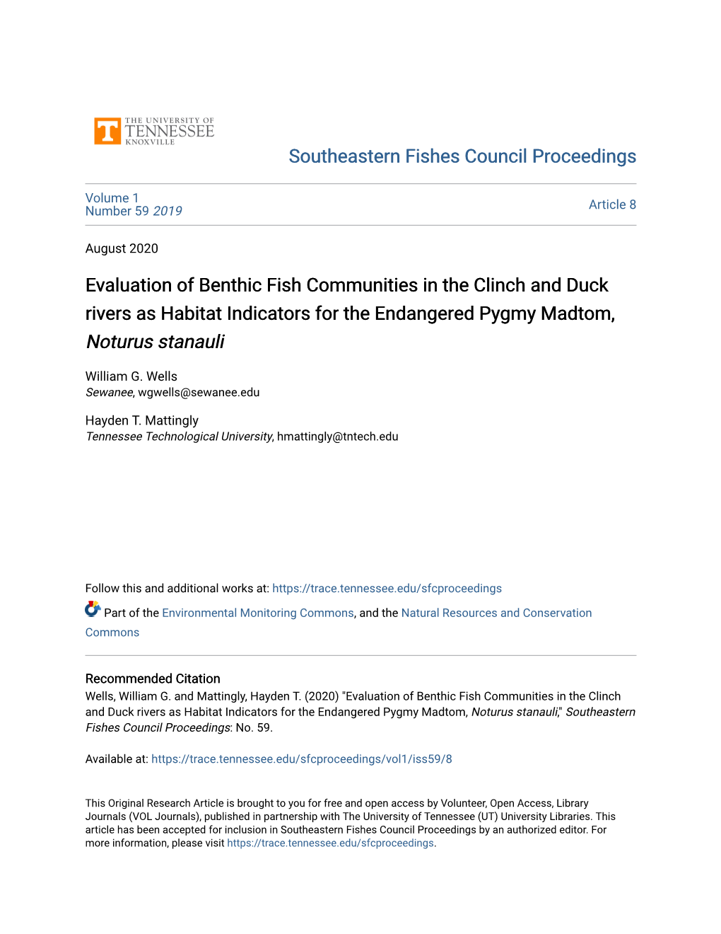 Evaluation of Benthic Fish Communities in the Clinch and Duck Rivers As Habitat Indicators for the Endangered Pygmy Madtom, Noturus Stanauli