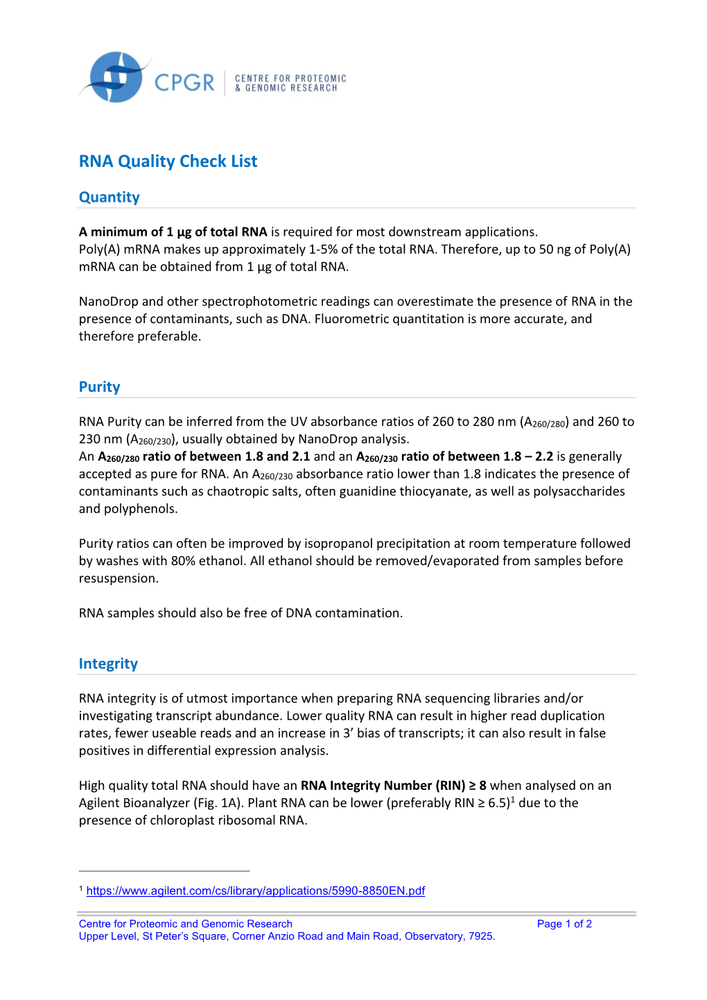 RNA Quality Check List