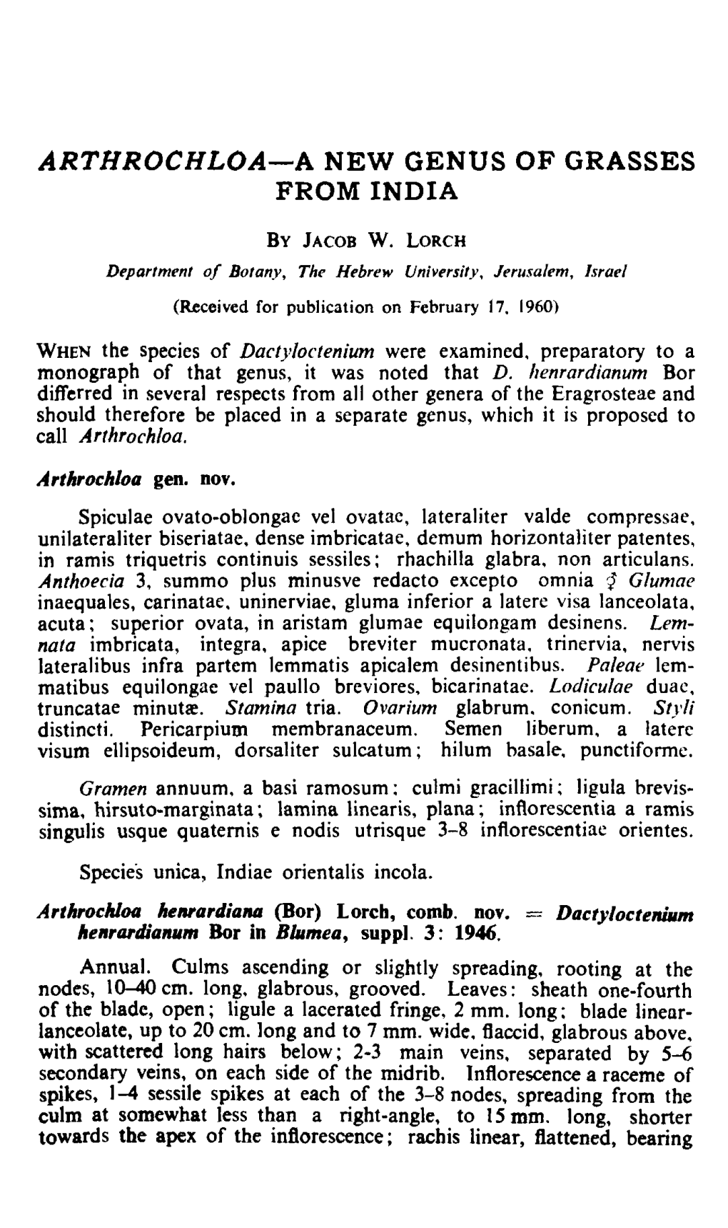 ARTHROCHLOA—K NEW GENUS of GRASSES from INDIA