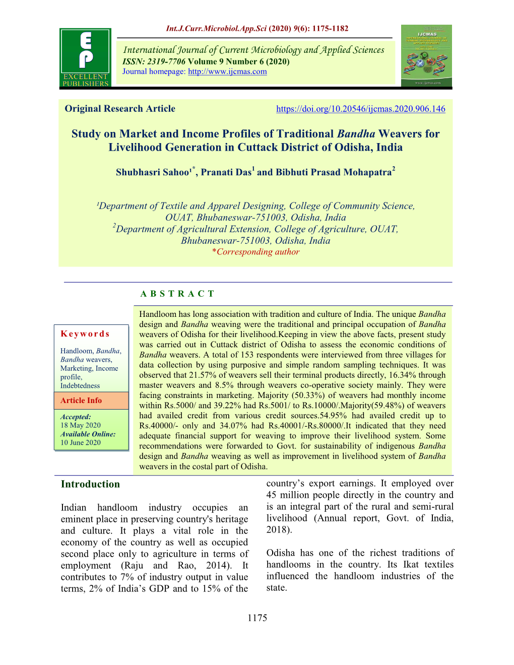 Study on Market and Income Profiles of Traditional Bandha Weavers for Livelihood Generation in Cuttack District of Odisha, India