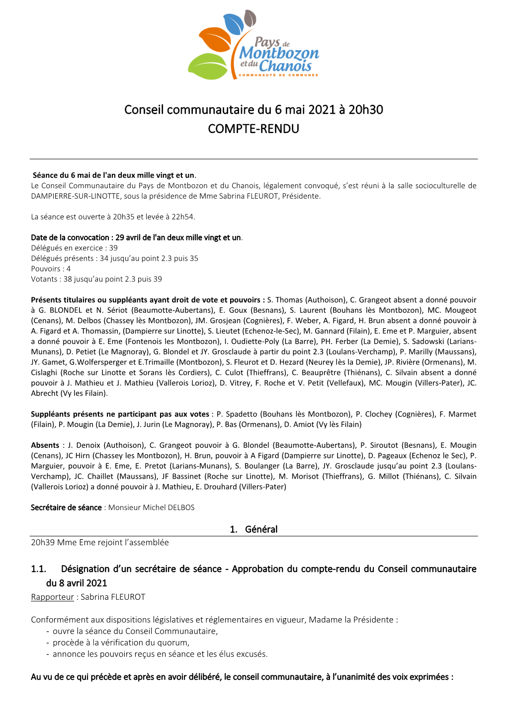 Conseil Communautaire Du 6 Mai 2021 À 20H30 COMPTE-RENDU