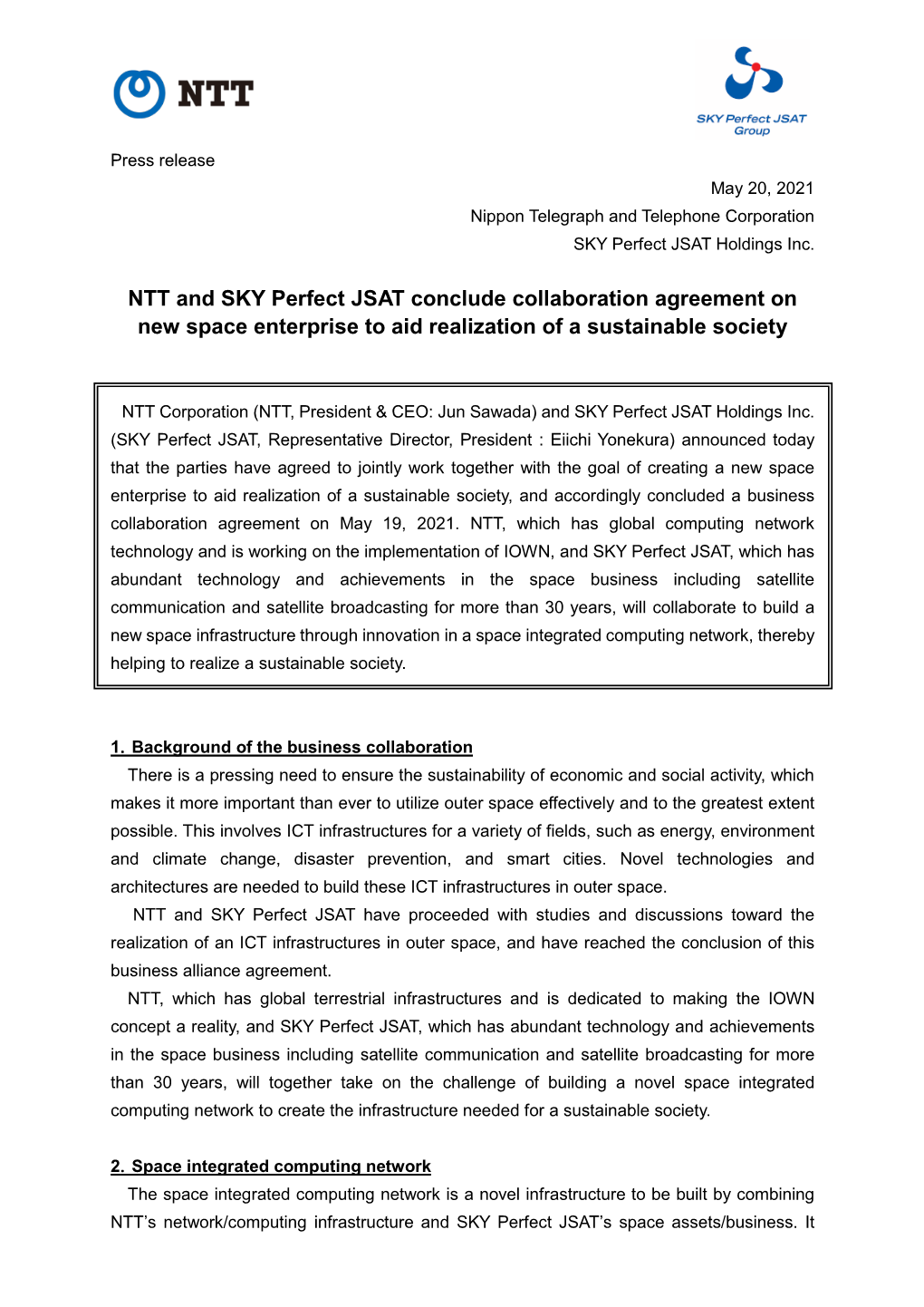 NTT and SKY Perfect JSAT Conclude Collaboration Agreement on New Space Enterprise to Aid Realization of a Sustainable Society