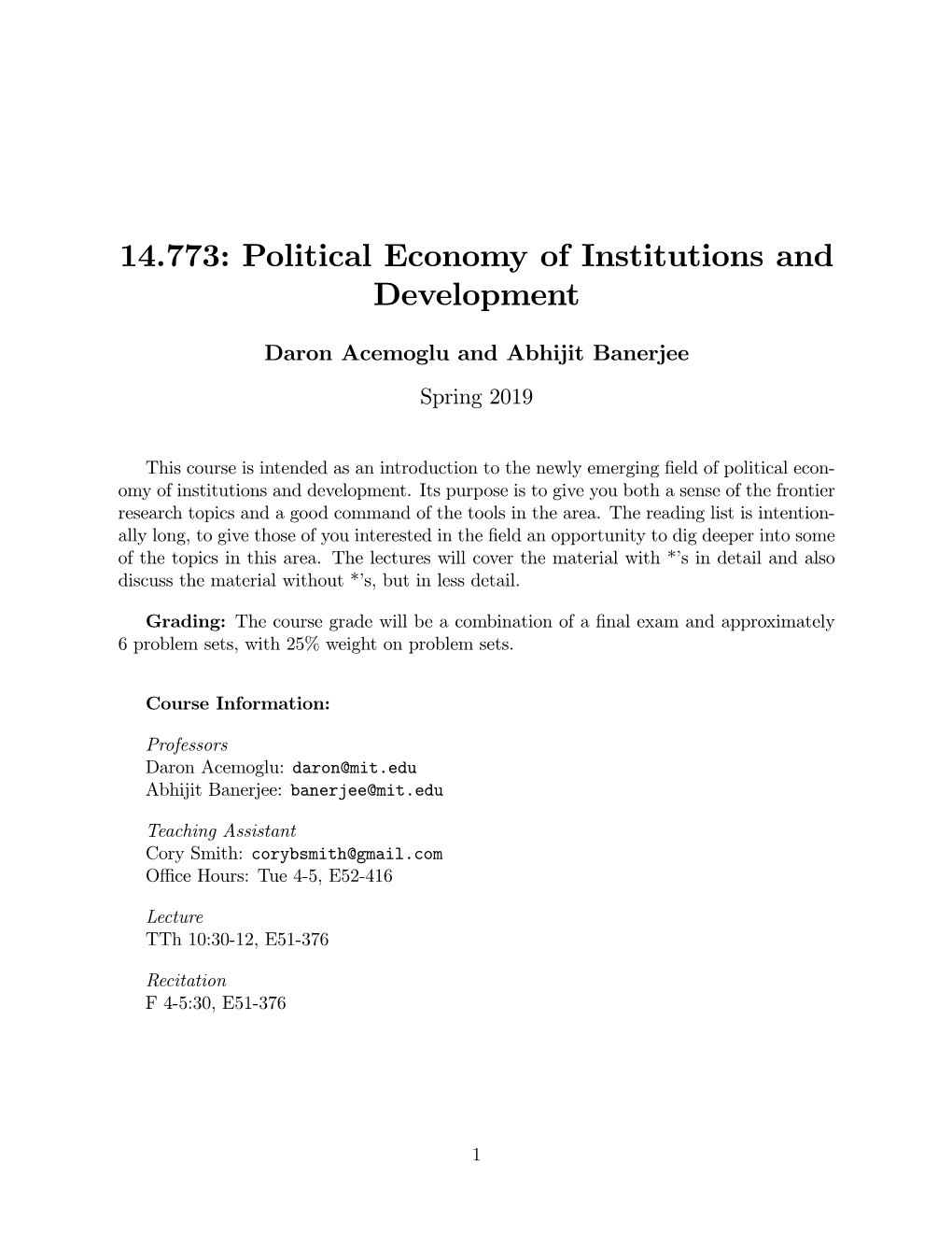 Political Economy of Institutions and Development