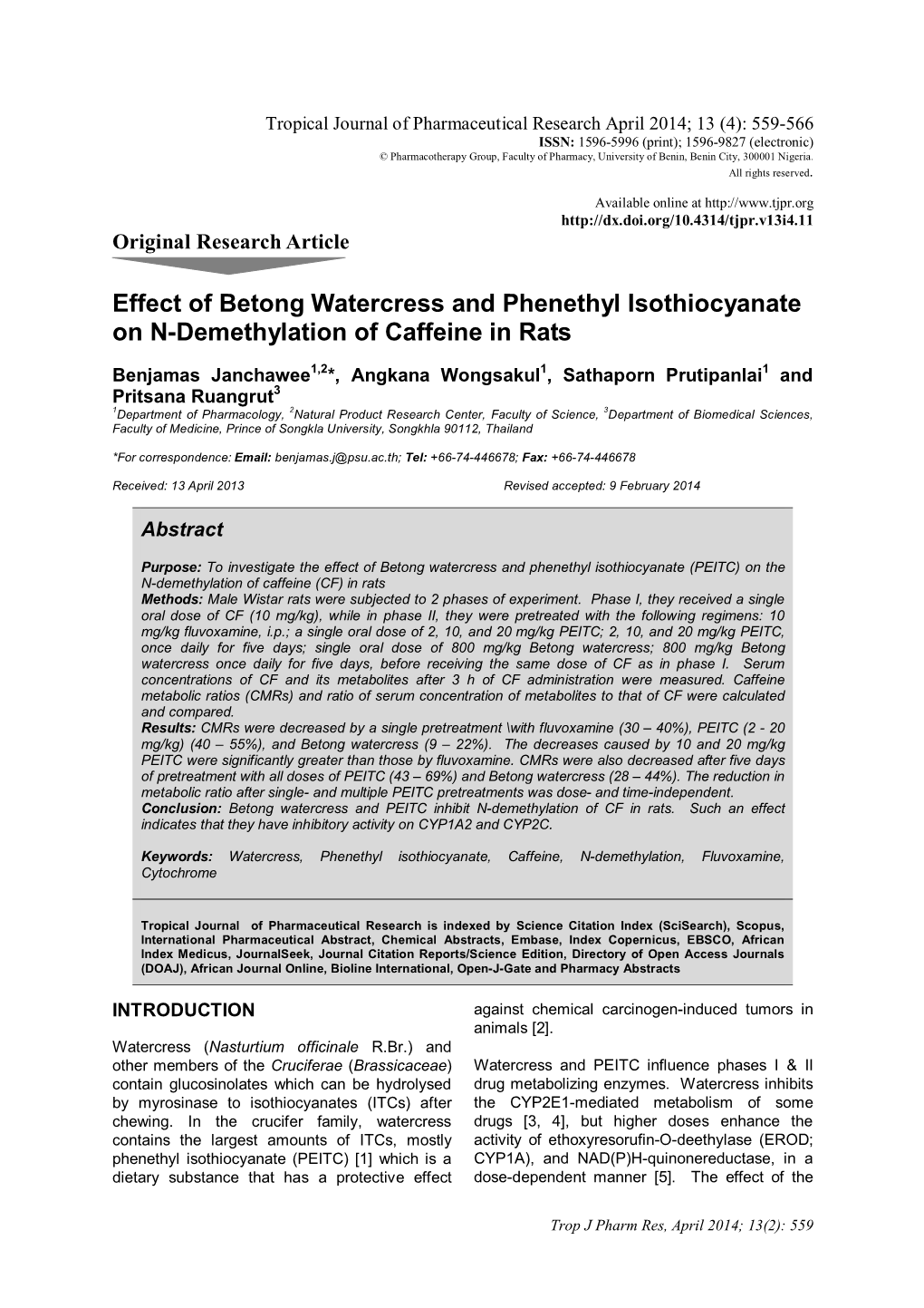 Effect of Betong Watercress and Phenethyl Isothiocyanate on N-Demethylation of Caffeine in Rats