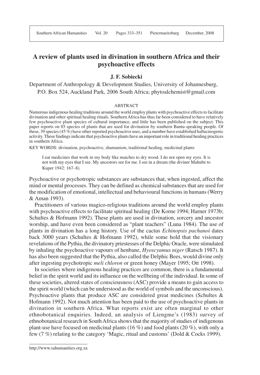 A Review of Plants Used in Divination in Southern Africa and Their Psychoactive Effects