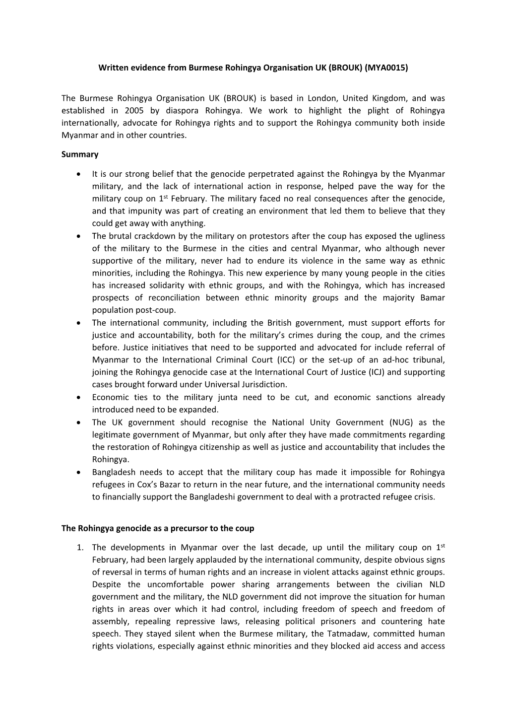 Written Evidence from Burmese Rohingya Organisation UK (BROUK) (MYA0015)
