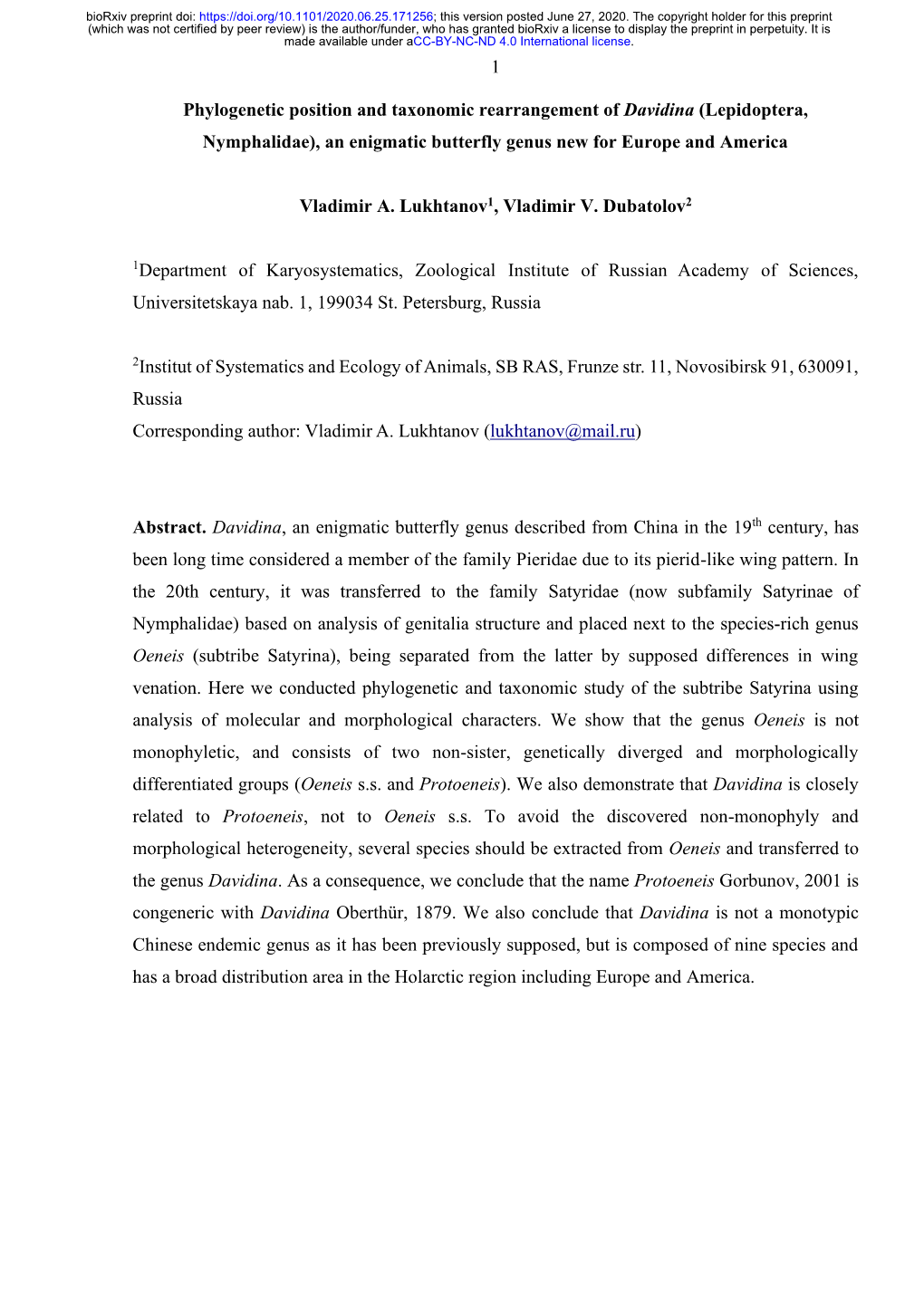 Phylogenetic Position and Taxonomic Rearrangement of Davidina (Lepidoptera, Nymphalidae), an Enigmatic Butterfly Genus New for Europe and America