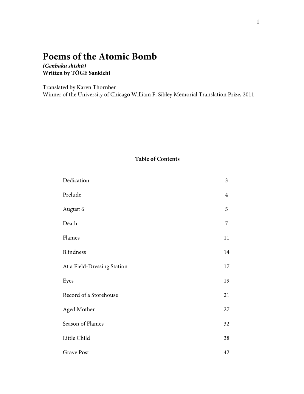 Poems of the Atomic Bomb (Genbaku Shishū) Written by TŌGE Sankichi