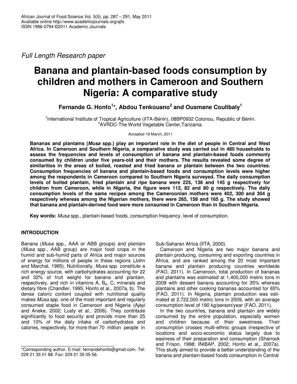 Banana and Plantain-Based Foods Consumption by Children and Mothers in Cameroon and Southern Nigeria: a Comparative Study