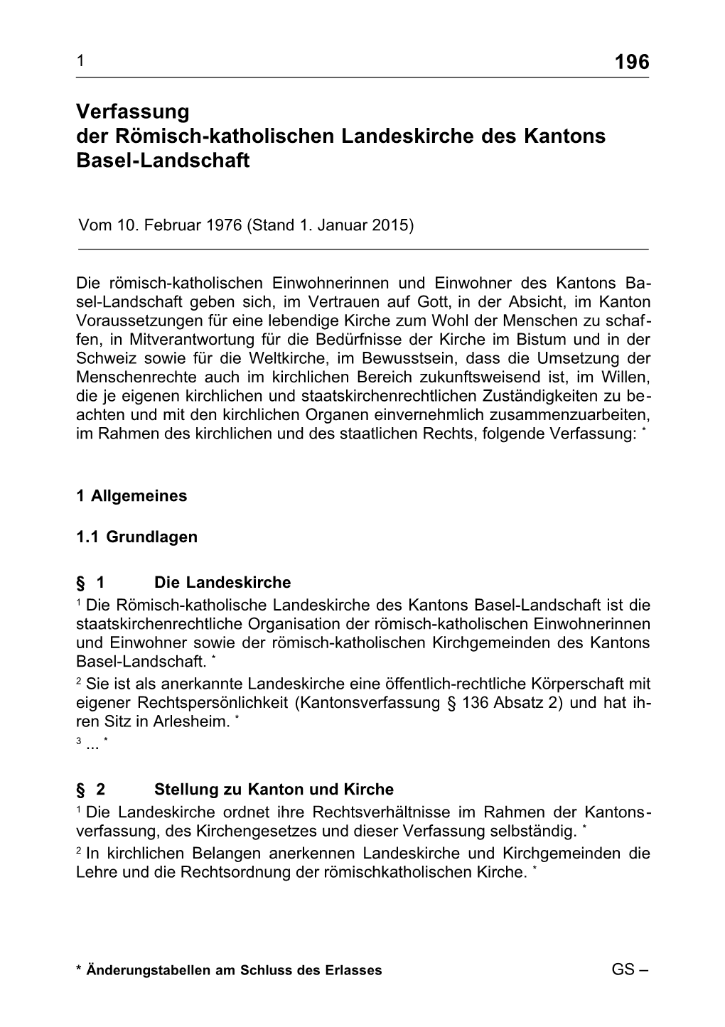 Verfassung Der Römisch-Katholischen Landeskirche Des Kantons Basel-Landschaft