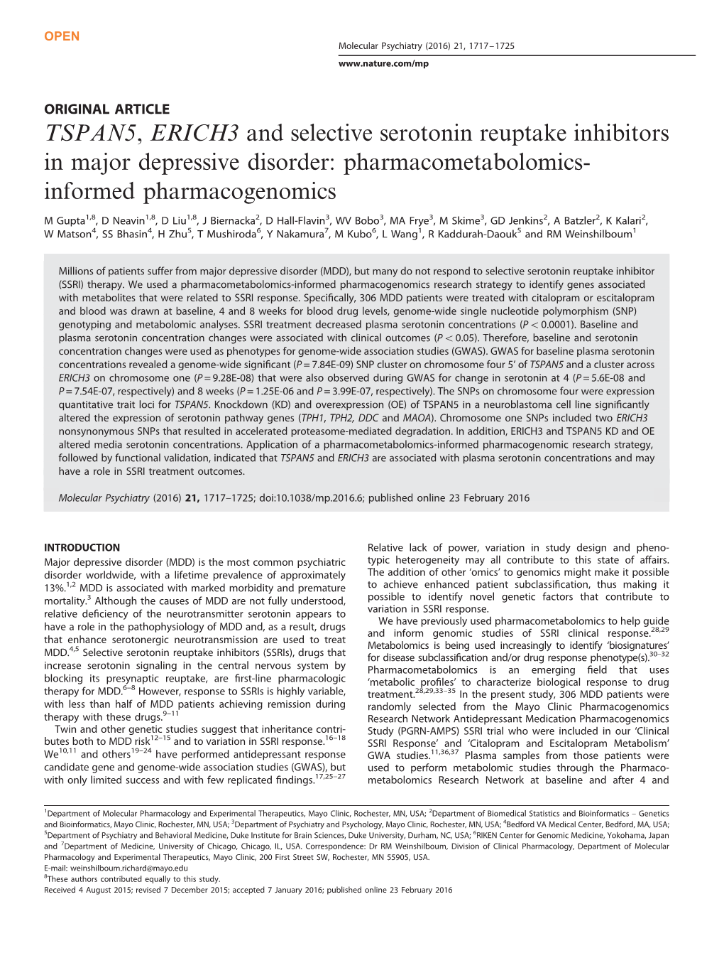 TSPAN5, ERICH3 and Selective Serotonin Reuptake Inhibitors in Major Depressive Disorder: Pharmacometabolomics- Informed Pharmacogenomics