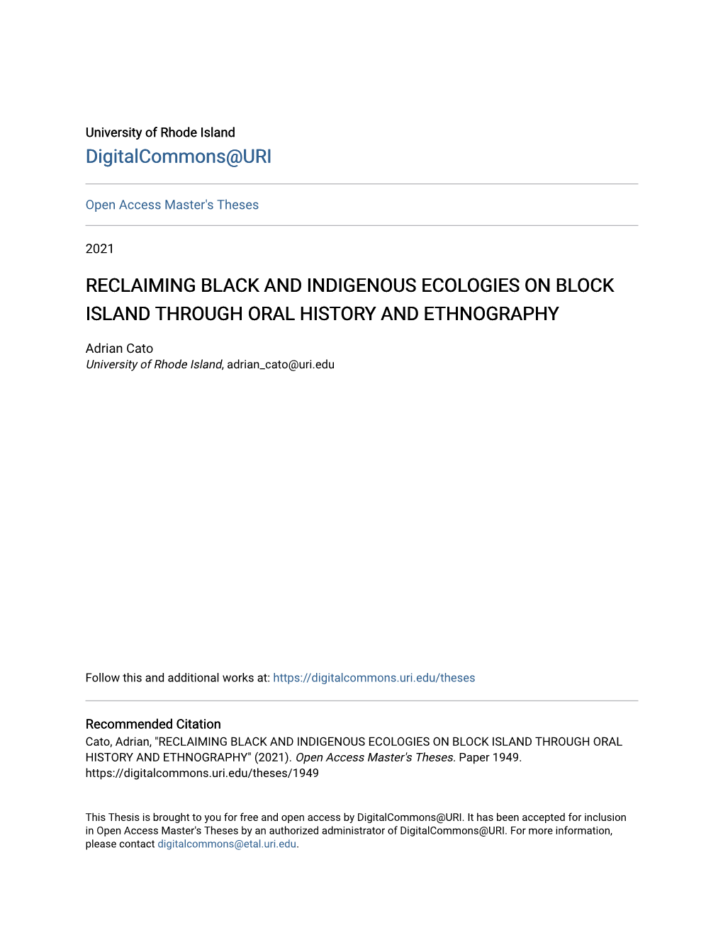 Reclaiming Black and Indigenous Ecologies on Block Island Through Oral History and Ethnography