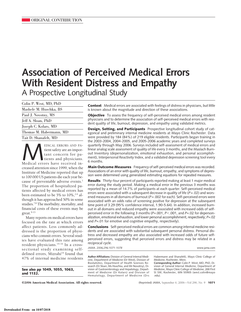 Association of Perceived Medical Errors with Resident Distress and Empathy a Prospective Longitudinal Study