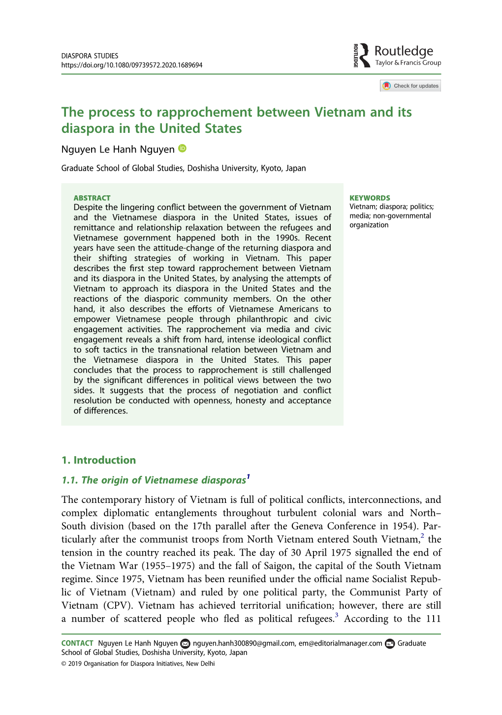 The Process to Rapprochement Between Vietnam and Its Diaspora in the United States