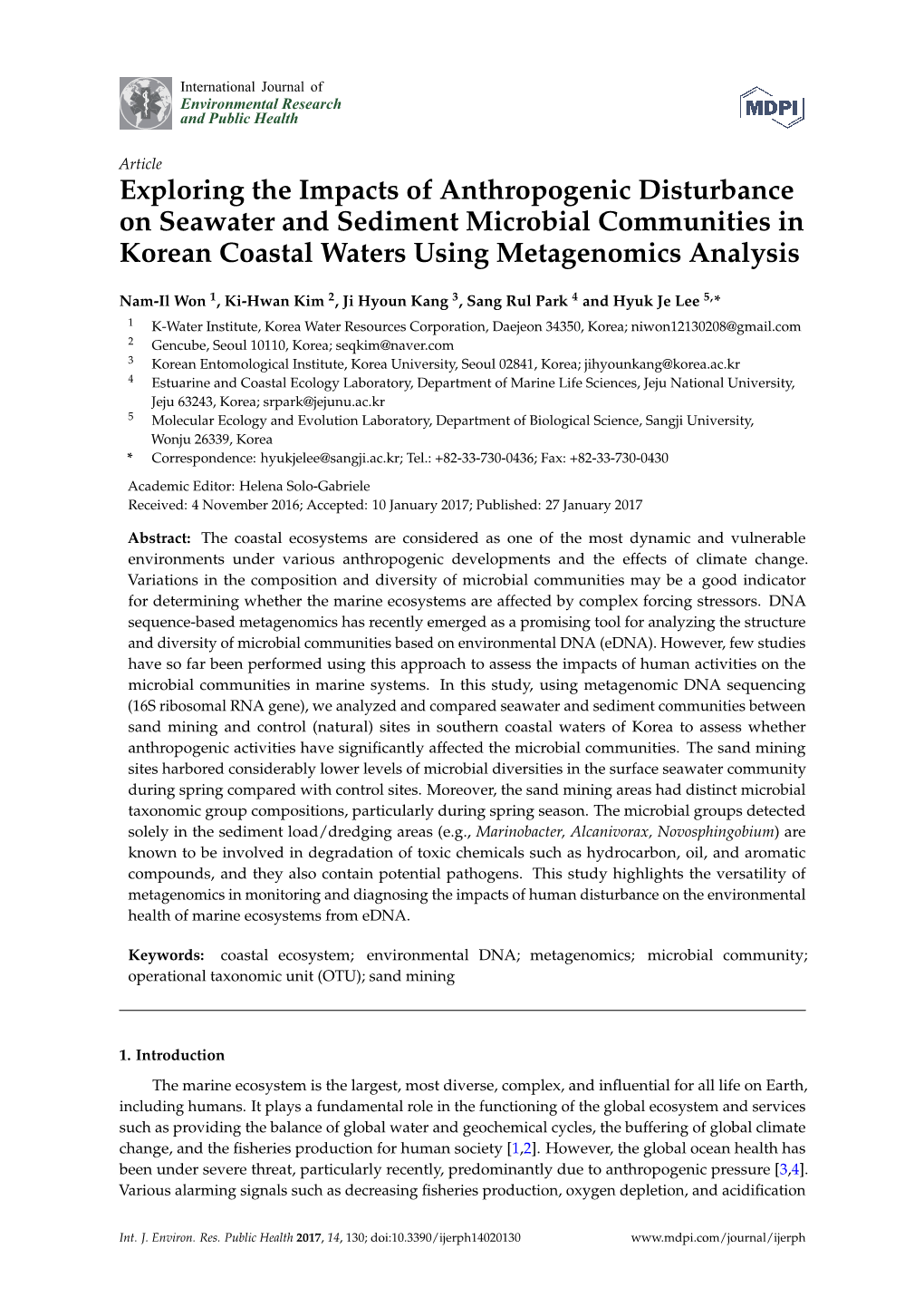 Exploring the Impacts of Anthropogenic Disturbance on Seawater and Sediment Microbial Communities in Korean Coastal Waters Using Metagenomics Analysis