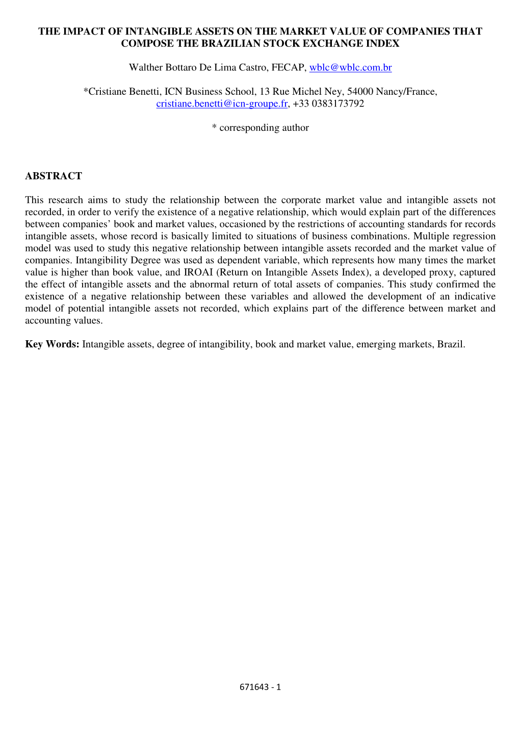 The Impact of Intangible Assets on the Market Value of Companies That Compose the Brazilian Stock Exchange Index