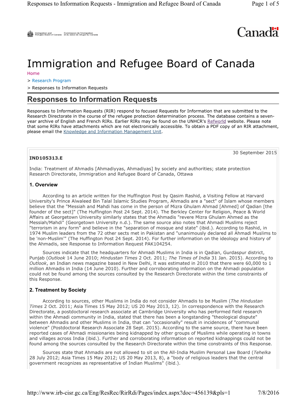 India: Treatment of Ahmadis [Ahmadiyyas, Ahmadiyas] by Society and Authorities; State Protection Research Directorate, Immigration and Refugee Board of Canada, Ottawa